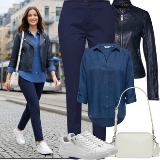 Outfit s Modrá/Tmavě Modrá Bunda s Bočním Zipem/Kožené Bund/Bunda z Umělé Kůže/Kožená vintage bunda/Motorkářské Bund Maze "Jarní Outfit"