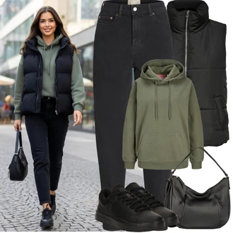 Sportovní Outfit s Černá Bunda 2v1/Bunda na přetažení přes hlavu/Puchová Bund/Nafukovací Bund/Letní peřová Bunda/Bunda z umělých vláken/Přechodné Bundy JdY "Jarní Outfit"Look: Hip Hop, Metal, Rap, Sportovní, Příliš oblečený, Venkovní, Techno, Nadrozměrné