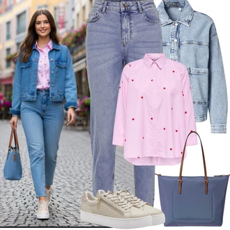 Styl Outfit s Světle modrá Mom Jean/Dad Džíny/Boyfriend Džínové kalhoty/High Waist Džínové Kalhoty/Navlékací džíny/Girlfriend Džíny/Zužující se Džíny/Kožená Pánská Bund/Vintage džíny/Zkrácené Džíny Pieces "Jarní Outfit"