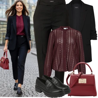 Outfit s Černá/Khaki/Červená Kalhoty s Vysokým Pasem/Mušelínové kalhoty/Kalhoty s nášivkou uprostřed/Business Kalhoty/Úzká Kalhoty/Obleková Kalhoty/Kalhoty se Štěrbinou lindex "Jarní Outfit"