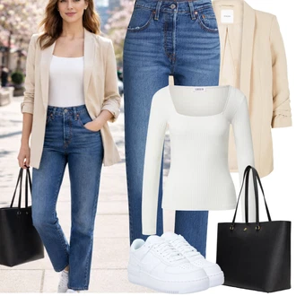 Styl Outfit s Modrá Rovná Džína/Mom Jean/Vintage džíny/Dad Džíny/High Waist Džínové Kalhoty/Zužující se Džíny/Formální Košile/Zimní bunda/Zkrácené Džíny/Girlfriend Džíny levi's ® "Jarní Outfit"