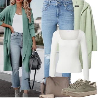 Výstřih na ramena Outfit s Bílá/Fialová/Stříbrný/Krémová Pletený Top/Jednoduchý Top/Pletené tričko Edited "Jarní Outfit"