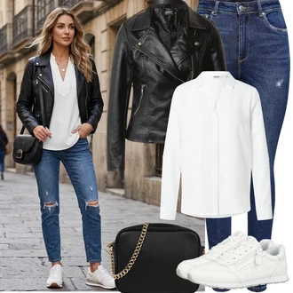 Styl Outfit s Modrá/Tmavě modrá Navlékací džíny/Kožené bundy/High Waist Džínové Kalhoty/Dámské Džíny s Délkou 7/8/Zimní bunda/Push up Džín/Kožené Boty/Džíny s Dírou/Džíny s Rozparkem/Kožená bunda/Kotníková Bota Only "Jarní Outfit"