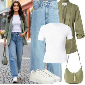 90tá léta, Styl Outfit s Světle modrá/Modrá Džín s Širokou Nohavicí/Zvonové Džíny/Vintage džíny/Pánské tričko/Kožená Pánská Bund/Dad Džíny/Džíny Volného Střihu levi's ® "Frühlings Outfit"Look: Emo, 90tá léta, Egirl, Western, Old Money, 70tá léta