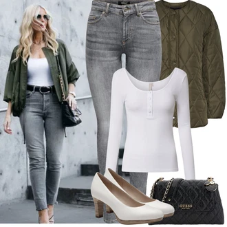 Baseball Outfit s Bílá/Šedá/Krémová/Fialová Jednoduchý top/Pletený top/Pletené tričko/Košile s dlouhým rukávem/Dlouhá košile/Košilový top/Dlouhý top Pieces "Jarní Outfit"Look: Baseball