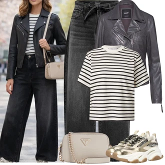 Přechodné Outfit s Šedá/Tmavě šedá/Světle šedá Kožená Bomber Bund/Kožené Bund Bunda z Umělé Kůže/Udržitelná bunda/Motorkářské Bund/Bunda s Bočním Zipem/Ažurová pletená bunda/Přechodné Bundy Maze "Jarní Outfit"