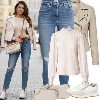 Přechodné Outfit s Khaki/Hnědá/Béžová Kožené Bund Bunda z Umělé Kůže/Motorkářská bunda/Motorkářské Bund/Bunda s Bočním Zipem Only "Jarní Outfit"