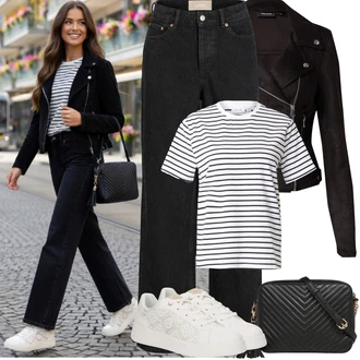 90tá léta, Styl Outfit s Černá/Tmavě šedá/Béžová/Khaki/Šedá Džín s Širokou Nohavicí/Mom Jean/Vintage džíny/Baggy Džíny/Dad Džíny/Džíny Culottes/Džíny Volného Střihu/Formální Košile/Plisované Džíny jjxx "Jarní Outfit"Look: Styl, 90tá léta, Venkovní, Skater, Pracovní oděvy, Old Money