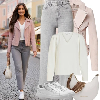 Outfit s Růžová/Hnědá/Béžová/Fialová Udržitelná bunda/Bouclé Bund/Krátký Bund/Letní Bund/Bunda s Bočním Zipem/Podzimní bunda/Ažurová pletená bunda/Jarní bunda Freaky Nation "Jarní Outfit"