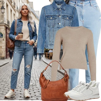 Kůže Outfit s Bílá/Šedá/Krémová Teniska Kožené Tenisky/Tenisky s Bočním Zipem Tamaris "Jarní Outfit"