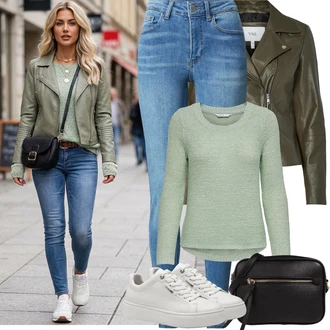 Kůže Outfit s Šedá/Krémová/Bílá/Stříbrný Nízká Teniska/Teniska na platformě/Kožené Tenisky/Úzká Teniska Tamaris "Jarní Outfit"