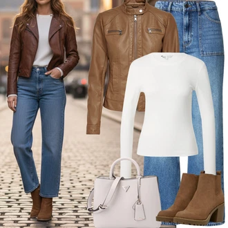 Přechodné Outfit s Khaki/Hnědá/Béžová Kožené Bund Kožená vintage bunda/Bunda s Bočním Zipem/Kožená Bomber Bund/Motorkářská bunda/Motorkářské Bund/Bunda z Umělé Kůže Only "Jarní Outfit"