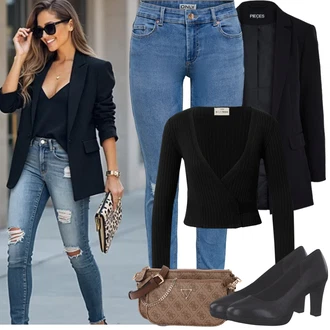 Výstřih na ramena Outfit s Černá/Béžová/Hnědá Pletený Top A Lot Less "Jarní Outfit"