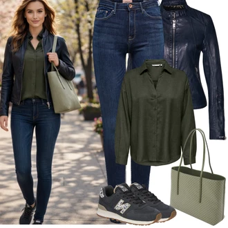 Styl Outfit s Tmavě modrá/Modrá Kožená bunda/Zimní bunda/Kožená Pánská Bund/High Waist Džínové Kalhoty/Kožené Boty/Džíny s Rozparkem/Push up Džín/Termální Džíny Only "Jarní Outfit"