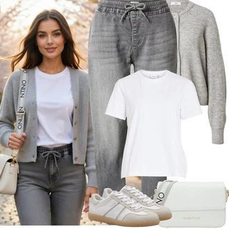90tá léta, Styl Outfit s Šedá/Tmavě šedá/Světle šedá Mom Jean/Dad Džíny/Zužující se Džíny/Formální Košile/Girlfriend Džíny/Termální Džíny/Kožená bunda/Sweat Džíny/Pánské tričko Only "Jarní Outfit"Look: 90tá léta, Ležérní, Cool, Old Money, Venkovní