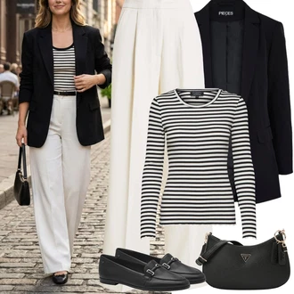 Pruhovaný Outfit s Fialová/Hnědá/Černá/Bílá/Tmavě modrá Pruhované Tričko Selected "Jarní Outfit"