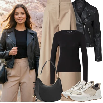 Přechodné Outfit s Černá Kožené Bund Bunda z Umělé Kůže/Motorkářské Bund/Motorkářská bunda Selected "Jarní Outfit"