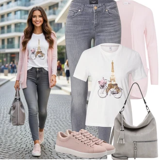 Džínovina Outfit s Šedá/Světle šedá Jeggings/Džínové Legíny/Skinny Kalhoty VERO MODA "Jarní Outfit"