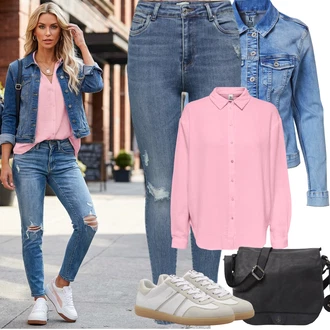 Styl Outfit s Modrá/Světle modrá Dámské Džíny s Délkou 7/8/Kožená bunda/High Waist Džínové Kalhoty/Push up Džín/Džíny s Rozparkem/Zkrácené Džíny/Kožené bundy/Kotníková Bota/Džíny s Dírou Only "Jarní Outfit"