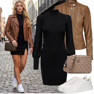 Přechodné Outfit s Khaki/Hnědá/Béžová Kožené Bund Kožená vintage bunda/Bunda s Bočním Zipem/Kožená Bomber Bund/Motorkářská bunda/Motorkářské Bund/Bunda z Umělé Kůže Only "Jarní Outfit"