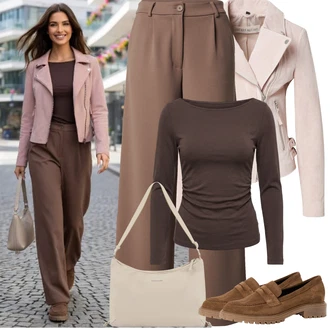 Outfit s Růžová/Hnědá/Béžová/Fialová Udržitelná bunda/Bouclé Bund/Krátký Bund/Letní Bund/Bunda s Bočním Zipem/Podzimní bunda/Ažurová pletená bunda/Jarní bunda Freaky Nation "Jarní Outfit"