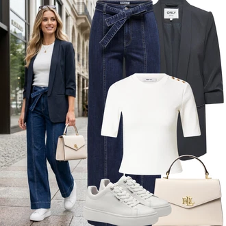 Rave Outfit s Šedá/Krémová/Bílá/Stříbrný Teniska na platformě/Nízká Teniska/Kožené Tenisky/Úzká Teniska Tamaris "Jarní Outfit"Look: Bar, Pohřeb, Galavečer, Rave, Škola, Svatba, Koncert