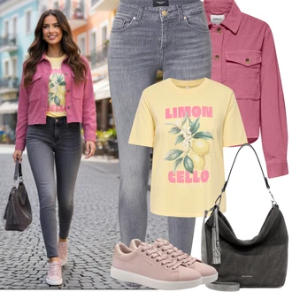 Džínovina Outfit s Šedá/Světle šedá Jeggings/Džínové Legíny/Skinny Kalhoty VERO MODA "Jarní Outfit"