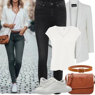Styl Outfit s Černá/Tmavě šedá/Světle šedá/Šedá Dámské Džíny s Délkou 7/8/Capri Džíny/Kožená bunda/Slim Fit Džíny/High Waist Džínové Kalhoty/Push up Džín/Kožená Pánská Bund/Zimní bunda/Džíny s Rozparkem/Zkrácené Džíny/Kotníková Bota/Kožené Boty/Termální Džíny/Motorkářské Džíny VERO MODA "Jarní Outfit"