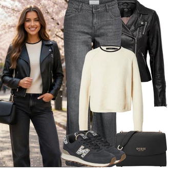 Přechodné Outfit s Černá/Červená Kožené Bund/Bunda z Umělé Kůže/Motorkářská bunda/Motorkářské Bund Only "Jarní Outfit"