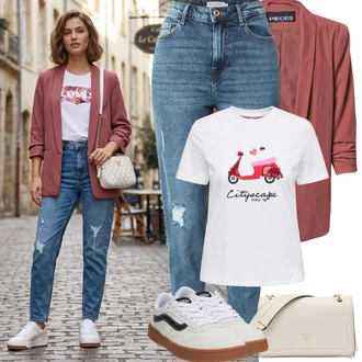 Styl Outfit s Světle modrá/Modrá Boyfriend Džínové kalhoty/High Waist Džínové Kalhoty/Džíny s Rozparkem/Kožené bundy/Kotníková Bota/Džíny s Dírou/Girlfriend Džíny Pieces "Jarní Outfit"