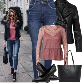 Styl Outfit s Modrá/Tmavě modrá Navlékací džíny/Kožené bundy/High Waist Džínové Kalhoty/Dámské Džíny s Délkou 7/8/Zimní bunda/Push up Džín/Kožené Boty/Džíny s Dírou/Džíny s Rozparkem/Kožená bunda/Kotníková Bota Only "Jarní Outfit"