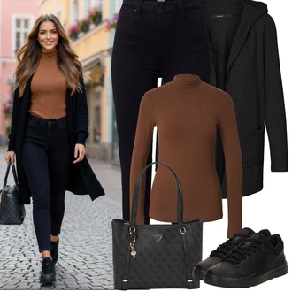 Outfit s Černá/Tmavě modrá Kožená bunda/High Waist Džínové Kalhoty/Zimní bunda/Kožené Boty/Termální Džíny/Motorkářské Džíny Mustang "Jarní Outfit"