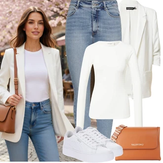 Styl Outfit s Modrá/Světle modrá Dámské Džíny s Délkou 7/8/Kožená bunda/High Waist Džínové Kalhoty/Push up Džín/Džíny s Rozparkem/Zkrácené Džíny/Kotníková Bota/Navlékací džíny Only "Jarní Outfit"