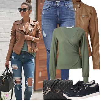 Baseball Outfit s Zelená/Tmavě zelená/Světle zelená Pletený top/Halenek top/Top Na Party/Košilový top/Tričko s vodopádovým výstřihem/Pletené tričko/Roláková Košile/Zavinovací Tričko About You "Jarní Outfit"Look: Baseball