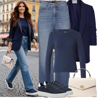 Outfit s Modrá/Tmavě modrá/Světle modrá Nízká Teniska/Teniska s dírkovaným vzorem/Letní Tenisky/Teniska na platformě/Úzká Teniska/Tenisky s Bočním Zipem/Kožené Tenisky Tamaris "Jarní Outfit"