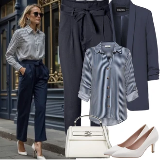 7/8 délka Outfit s Modrá/Šedá/Tmavě modrá Chinos/Paperbag Kalhoty/3/4 Kalhoty/Boyfriend Kalhoty/Ležérní Kalhoty/Mušelínové kalhoty VERO MODA "Jarní Outfit"