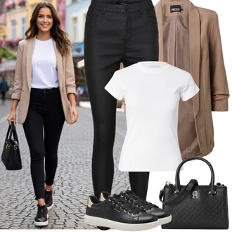 Imitace kůže Outfit s Černá Kalhoty z Umělé Kůže/Legíny Kožený Vzhled/Legíny s Vysokým Pasem/Tregíny/Jeggings/Džínové Legíny/Legíny s Rozparkem/Skinny Kalhoty/Kožený legíny VERO MODA "Jarní Outfit"