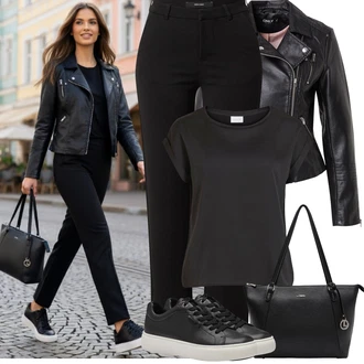 Outfit s Černá Kalhoty s 5 kapsami/Business Kalhoty/Boyfriend Kalhoty/Rovná Kalhoty/Pohodlná Kalhoty/Obleková Kalhoty/Žerzejová Kalhoty/Dlouhá Kalhoty/Úzká Kalhoty/Bengaline Kalhoty VERO MODA "Jarní Outfit"