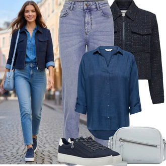 Outfit s Modrá/Tmavě modrá/Světle modrá Nízká Teniska/Teniska s dírkovaným vzorem/Letní Tenisky/Teniska na platformě/Úzká Teniska/Tenisky s Bočním Zipem/Kožené Tenisky Tamaris "Jarní Outfit"