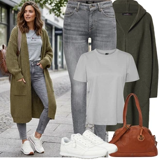 Outfit s Tmavě zelená Pletený Oděv Župan/Dlouhé Kardigany/Svetr s podšívkou/Zavinovací svetr/Zimní svetr/Svetr kroj/Vlněný kardigán/Kašmírový kardigán Zwillingsherz "Jarní Outfit"