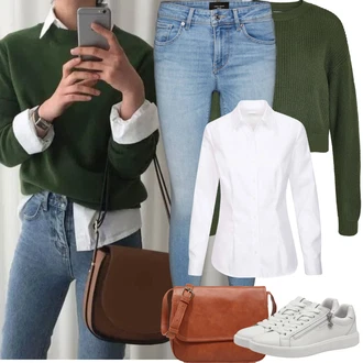 s tlačítkem Outfit s Hnědá/Béžová Bagetová taška/Taška/Klasická Taška Přes Rameno/Taška Na Notebook/Kancelářská Taška/Brašna/Sportovní Taška Přes Rameno About You "Jarní Outfit"