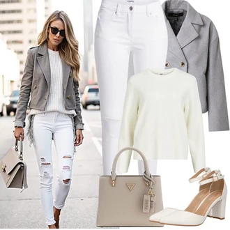 Malle Outfit s Bílá/Krémová Sandál Na Podpatku/Sandál s podpatkem/Boty Mary Jane/Pohodlná lodička/Vintage Lodička/Lodička s T-páskem/Letní Bota/Přezková bota/Sandál Na Širokém Podpatku About You "Jarní Outfit"Look: Bar, Koncert, Biřmování, Galavečer, Zvláštní příležitosti, Malle, Festival, 70. narozeniny, 60. narozeniny, 30. narozeniny