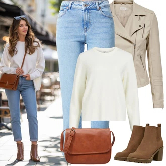 Přechodné Outfit s Khaki/Hnědá/Béžová Kožené Bund Bunda z Umělé Kůže/Motorkářská bunda/Motorkářské Bund/Bunda s Bočním Zipem Only "Jarní Outfit"