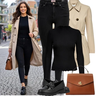 Romantický Outfit s Černá Pletený top/Pletené tričko/Roláková Košile Only "Jarní Outfit"Look: Krásný, Old Money, Romantický, Bezešvé