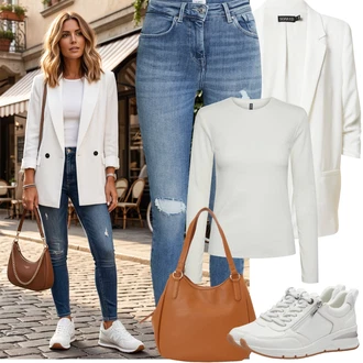 Kůže Outfit s Bílá/Šedá/Krémová Teniska Kožené Tenisky/Tenisky s Bočním Zipem Tamaris "Jarní Outfit"