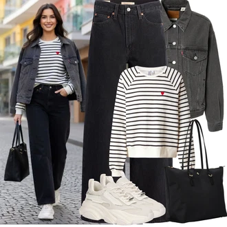 90tá léta, Styl Outfit s Černá Zvonové Džíny/Džín s Širokou Nohavicí/High Waist Džínové Kalhoty/Džíny Culottes/Džíny Volného Střihu/Džíny s Rozparkem levi's ® "Jarní Outfit"Look: Styl, 90tá léta, Cool, Venkovní, Punk, Old Money, 70tá léta
