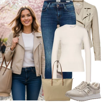 Přechodné Outfit s Khaki/Hnědá/Béžová Kožené Bund Bunda z Umělé Kůže/Motorkářská bunda/Motorkářské Bund/Bunda s Bočním Zipem Only "Jarní Outfit"