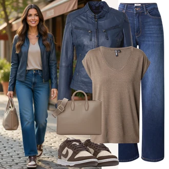 Přechodné Outfit s Modrá/Tmavě modrá Kožené Bund/Bunda z Umělé Kůže/Kožená Bomber Bund/Motorkářská bunda/Kožená vintage bunda/Motorkářské Bund/Bunda s Bočním Zipem Maze "Jarní outfit"