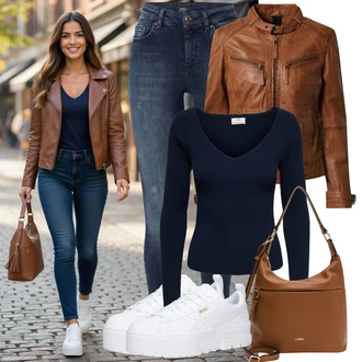 Styl Outfit s Modrá/Tmavě modrá High Waist Džínové Kalhoty/Push up Džín/Kožená Pánská Bund/Zimní bunda/Džíny s Rozparkem/Navlékací džíny/Kožené Boty/Termální Džíny Only "Jarní outfit"