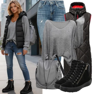 Velike velikosti outfit mit Modra Usnjena Jakna Fracomina, Siva/Temno siva/Svetlo siva Fini Pleteni Pulover/2-v-1 Pulover/Pulover Carmen/Pulover z Okroglim Izrezom/Preprost Pulover/Volnen Pulover/Osnovni Pulover/Pulover iz Kašmirja/Pleteni Pulover/Pulover iz Kašmirja marella "Jesenska oblačila za vsak dan"